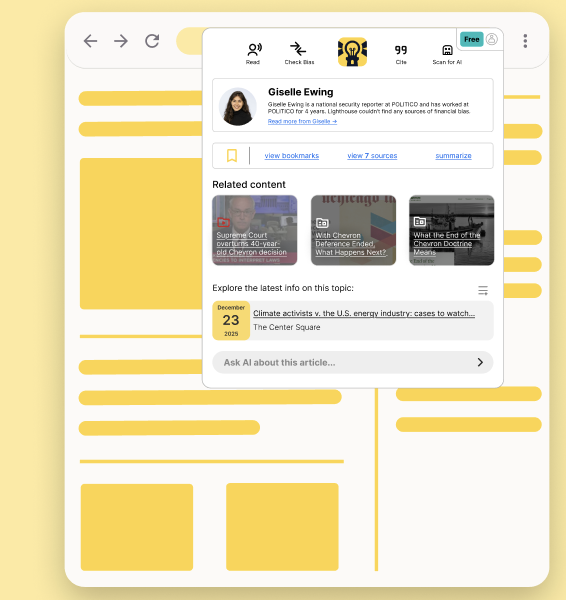 The Lighthouse panel showing author context, related content, and source links alongside an article